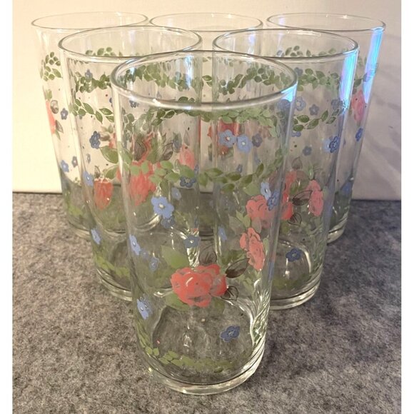 6 Vintage Libbey Pfaltzgraff Bonnie Brae Tea Rose Tumblers  5.75" Tall  # 2194 - Picture 1 of 4